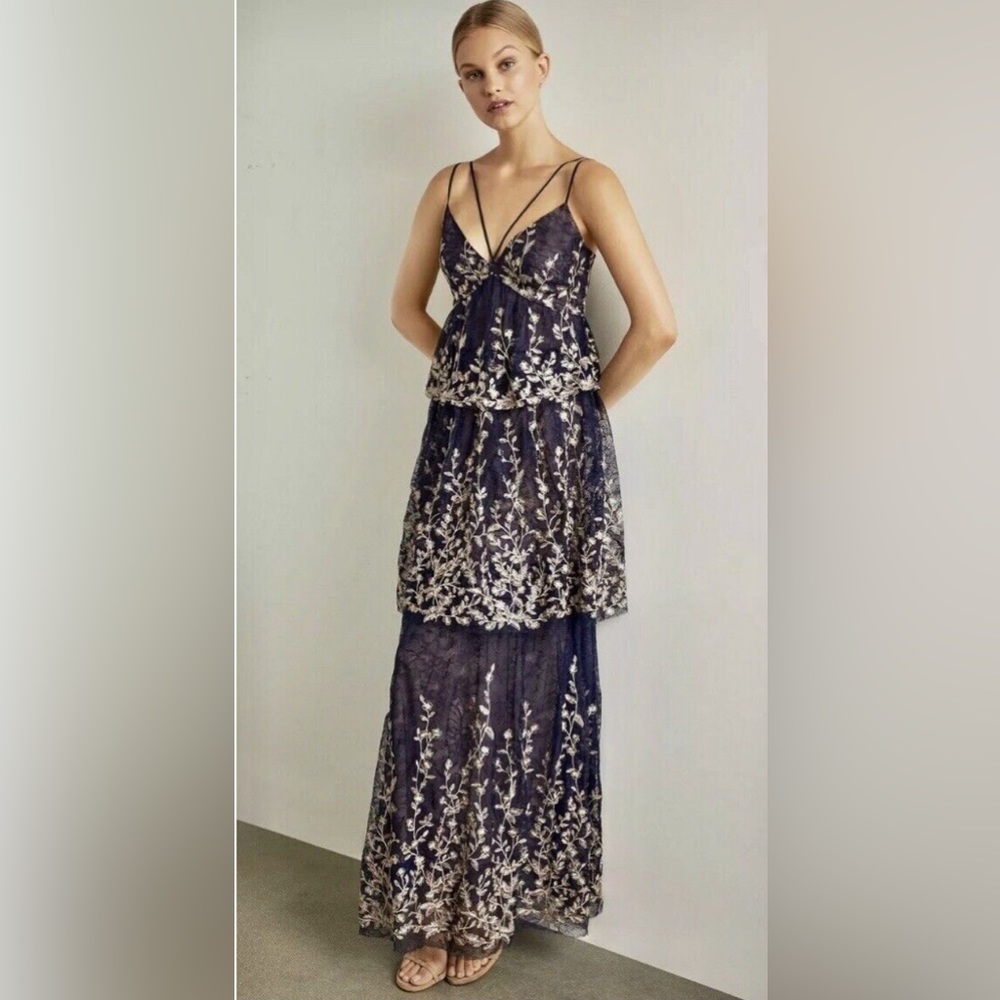 BCBG Maxazria navy floral embroidery tiered tulle maxi dress size 6